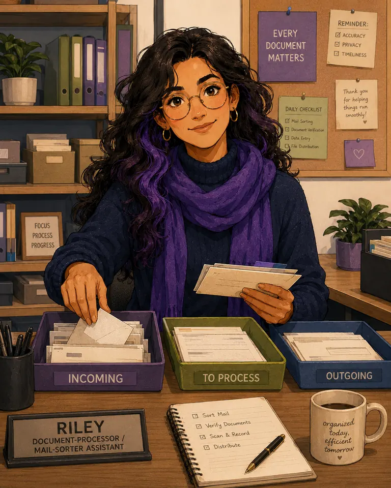 Riley sorting documents at her desk